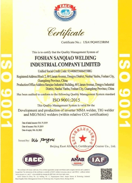China Foshan Sanqiao Welding Industry Co., Ltd. zertifizierungen